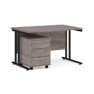 office desk 1200mm with grey oak desk top and black cantilever leg frame. With 3 drawer pedestal bundle pedestal