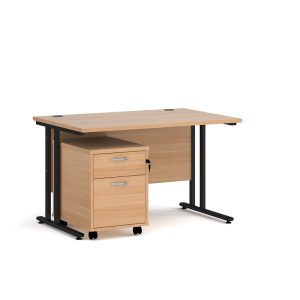 office desk 1200mm with beech desk top and black cantilever leg frame. 2 drawer filing desk pedestal