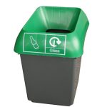 office recycling bin grey plastic with green top and glass recycling label