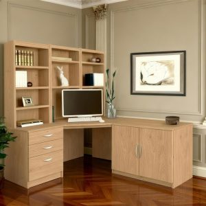 home office furniture set in english oak with corner desk, bookcase, drawers and office cupboard