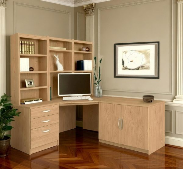 home office furniture set in english oak with corner desk, bookcase, drawers and office cupboard