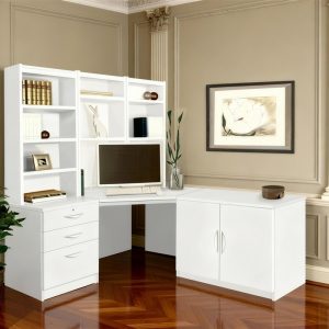 office furniture set white with corner desk, office drawers, bookcase and office cupboard