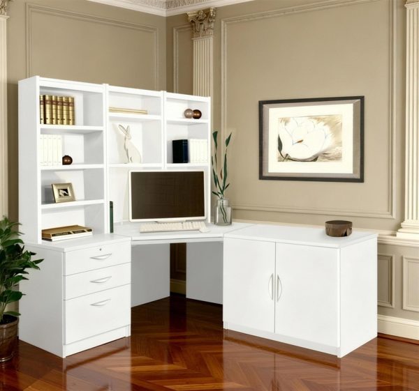office furniture set white with corner desk, office drawers, bookcase and office cupboard