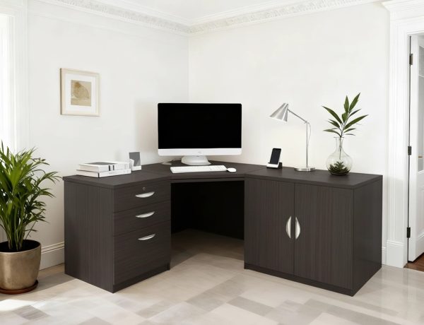 home office desk black with storage cupboard and drawers. Corner desk