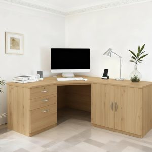 home office corner desk in classic oak with storage cupboard and drawers
