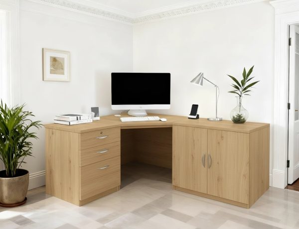 home office corner desk in classic oak with storage cupboard and drawers