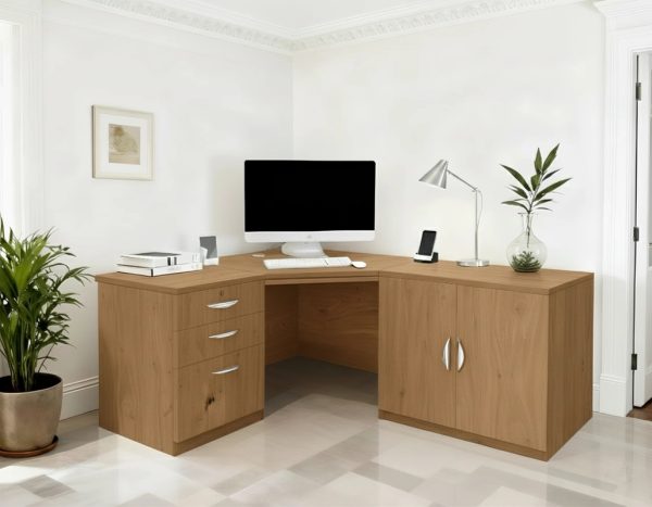 home office corner desk with storage cupboard and drawers
