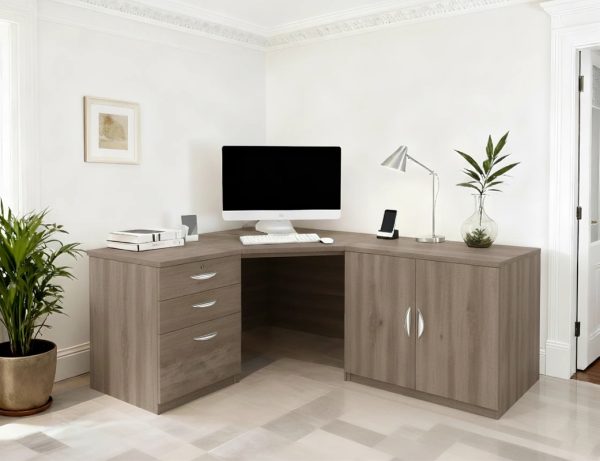 home office desk in grey finish,. Corner desk with drawers