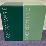 office recycling bin with soft close lid in green