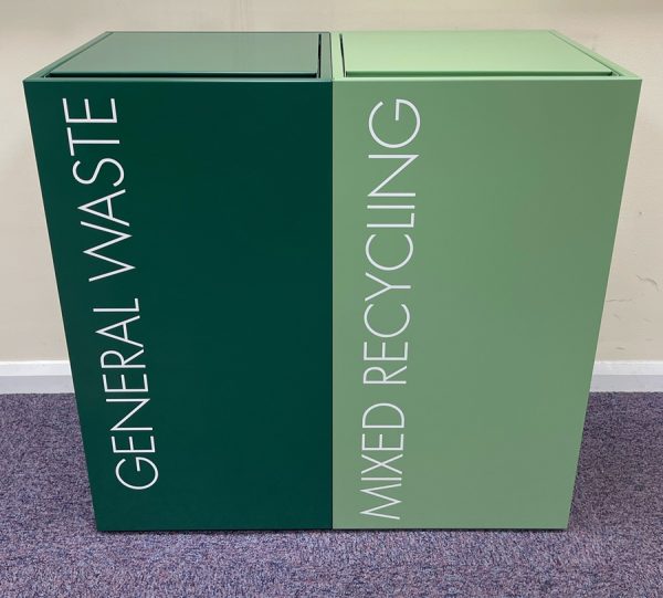 office recycling bin with soft close lid in green