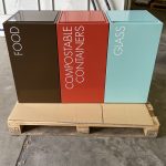 office recycling bins with soft close top in different colours and lettering to indicate waste stream