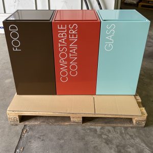 office recycling bins with soft close top in different colours and lettering to indicate waste stream