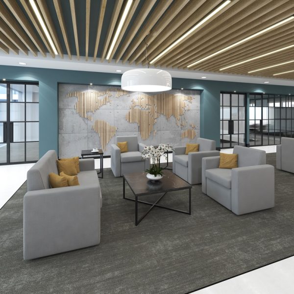 receptionsingle sofas and double sofas in grey fabric in reception setting