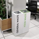 food waste bin for office white with green lettering and white general waste bin with black lettering