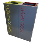 food waste office recycling bins in black with food waste lettering and snack packets lettering