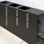 food waste office recycling bins. 4 bins in a row black with Food Waste,General Waste and Mixed Recycling