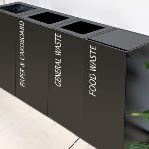 food waste office recycling bins. 4 bins in a row black with Food Waste,General Waste and Mixed Recycling