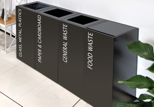 food waste office recycling bins. 4 bins in a row black with Food Waste,General Waste and Mixed Recycling