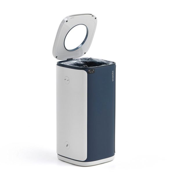 office recycling bin for gneral waste with blue and grey body and grey top