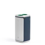 office recycling bin for glass with grey and blue body and green top with 2 apertures