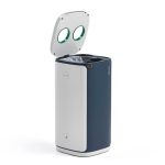 office recycling bin for glass with blue and grey body and green top with two apertures