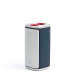 office recycling bin for metal with grey and blue body and red lid with 2 circular apertures