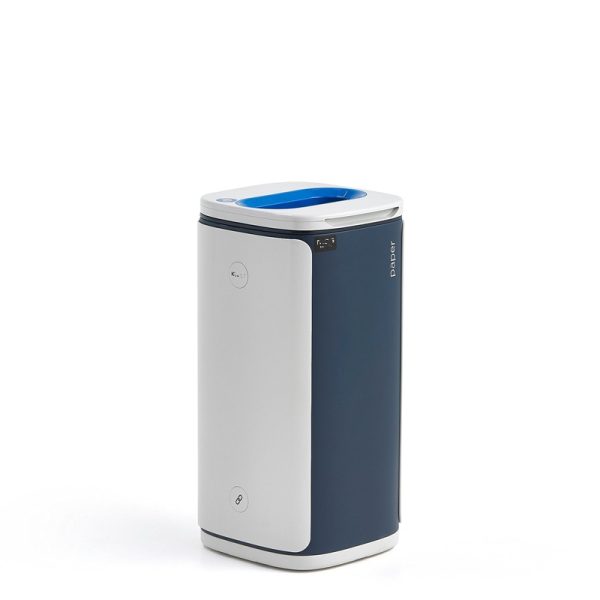 office recycling bin for paper with blue and grey body and blue slot top