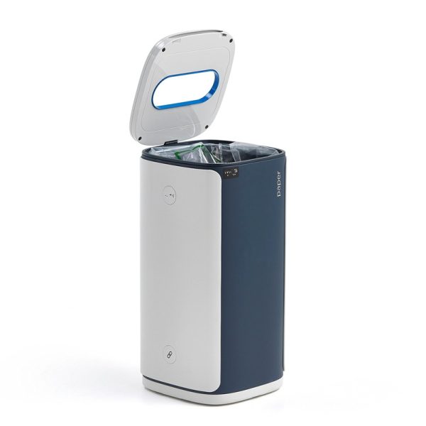 office recycling bin for paperin grey and blue. Showing yellow paper waste stream top open