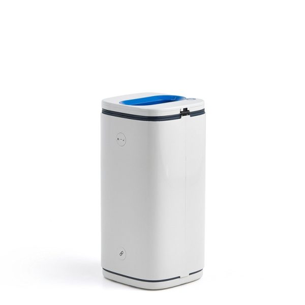 office recycling bin for paper with blue slot top back view.