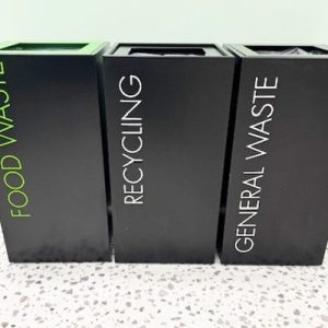 office recycling bins black with waste stream lettering