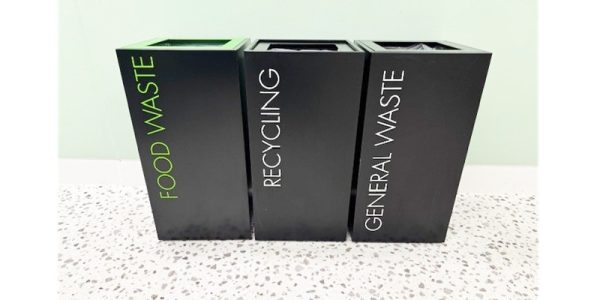 office recycling bins black with waste stream lettering