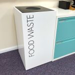 office recycling bin food waste in white with black Food Waste lettering and top
