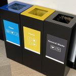 office recycling bins in row of 3 in black with coloured labelling