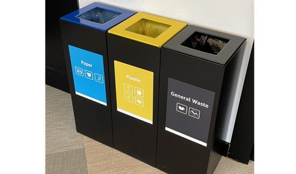 office recycling bins in row of 3 in black with coloured labelling