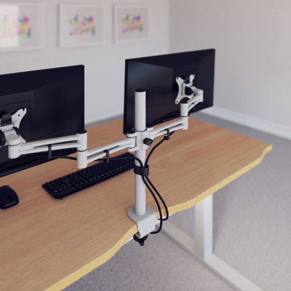 double monitor arm on office desk