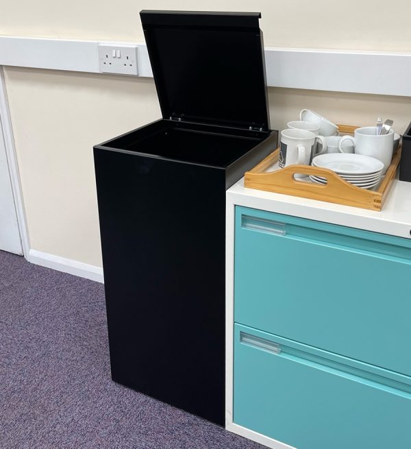 office recycling bin with hinged lid in office
