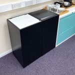 office recycling bin with hinged lid in office