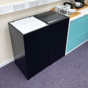 office recycling bin with hinged lid in office