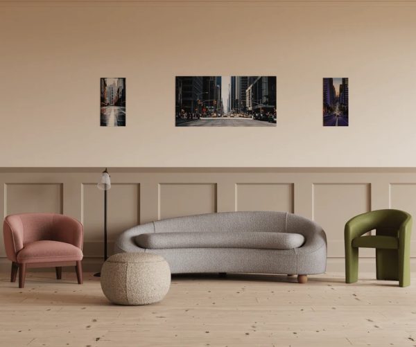 3 seater grey reception sofa with 2 contemporary chairs a stool