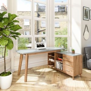 contemporary home office desk in oak and grey finish in a bay window