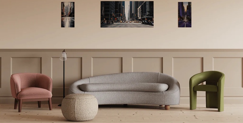 contemporary reception sofa in grey fabric surrounded by other reception chairs