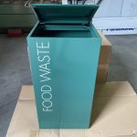 office recycling bin with hinged lid for food waste green with white food waste lettering