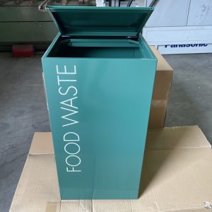 office recycling bin with hinged lid for food waste green with white food waste lettering