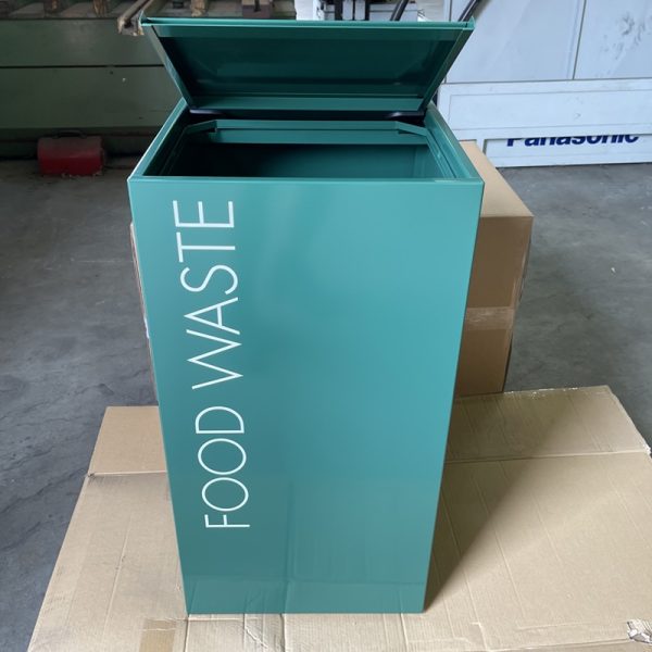 office recycling bin with hinged lid for food waste green with white food waste lettering