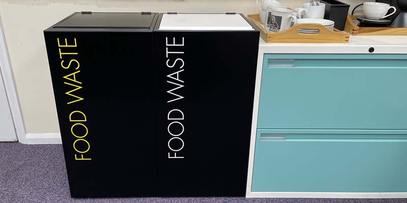 office recycling bins for food waste in a kitchen