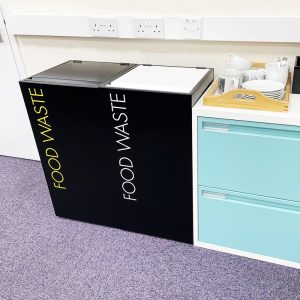 recycling bin with hinged lid with Food Waste lettering