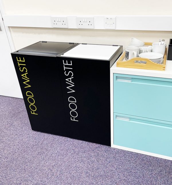 recycling bin with hinged lid with Food Waste lettering