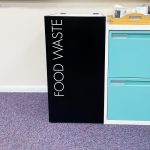 office recycling bin with food waste lettering