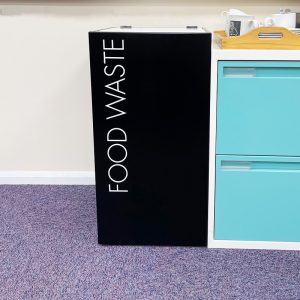office recycling bin with food waste lettering