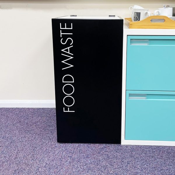 office recycling bin with food waste lettering